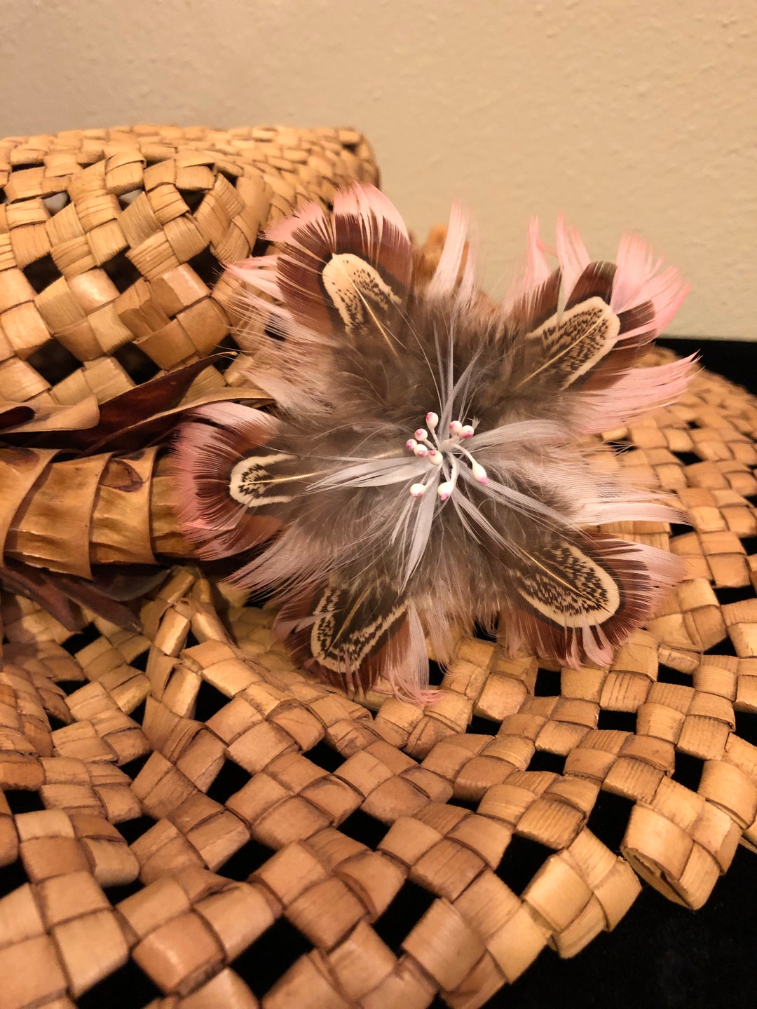 Pink Pheasant Feather Flower Ear Pick,polynesian Style Feather Era Pick,hawaiian Wear,aloha Wear