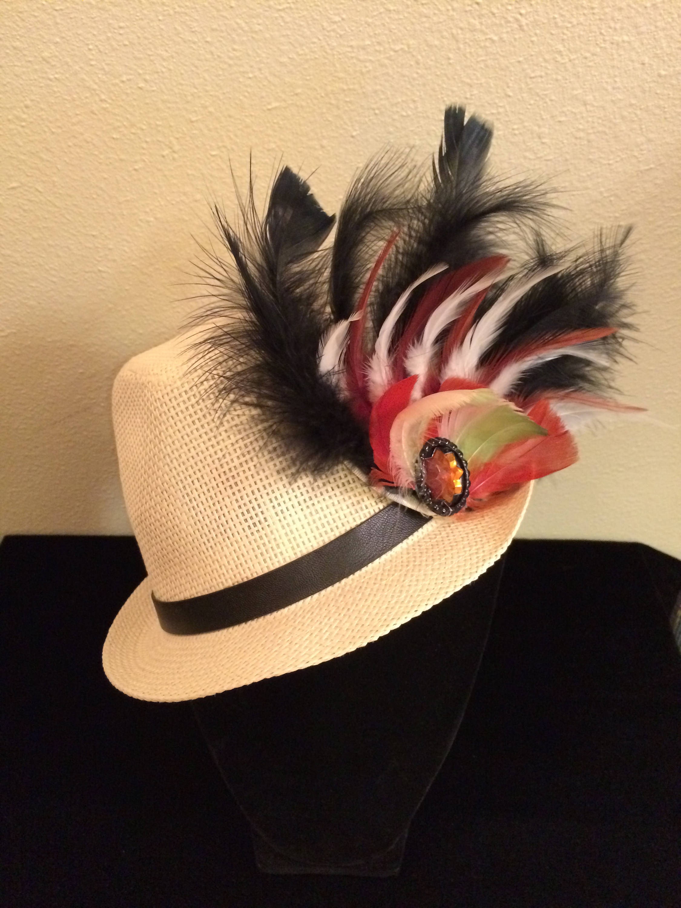 New Feather Fedora Hat Made of Straw With a Black Leather Belt Etsy