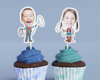 Cupcake Topper: Custom Cartoon Faces - Cowboy Cowgirl Party Picks