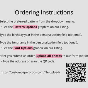 Peut inclure: Instructions de commande pour un produit personnalis&eacute;. Les instructions comprennent la s&eacute;lection d'un motif, la saisie de l'ann&eacute;e de naissance, la saisie du nom de la police et le t&eacute;l&eacute;chargement de photos. Un code QR est inclus pour le t&eacute;l&eacute;chargement de photos.