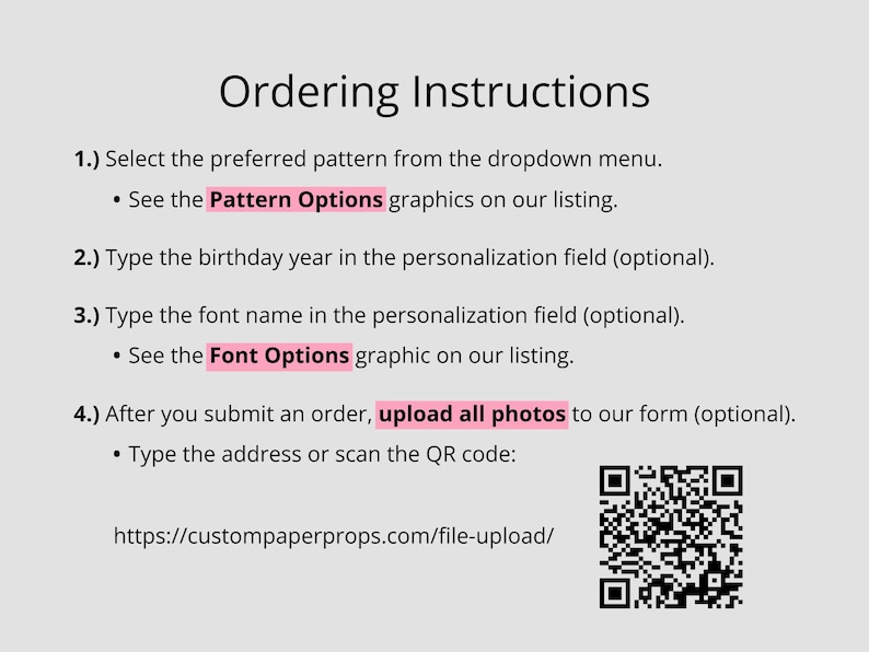 Peut inclure: Instructions de commande pour un produit personnalis&eacute;. Les instructions comprennent la s&eacute;lection d'un motif, la saisie de l'ann&eacute;e de naissance, la saisie du nom de la police et le t&eacute;l&eacute;chargement de photos. Un code QR est inclus pour le t&eacute;l&eacute;chargement de photos.
