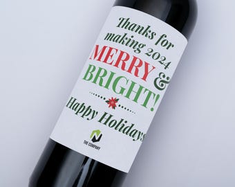 Festive Wine Label - Merry & bright, happy holidays, company thank you message