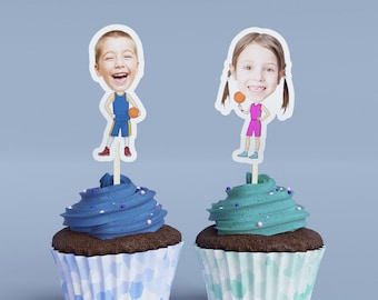 Décoration de petit gâteau de basket-ball - décoration d'anniversaire de visage de joueur de dessin animé, dessus de muffin de gâteau de beignet