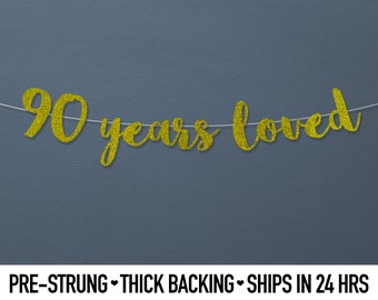90th Birthday Banner, Glitter Script (Custom Colors, Ready to Hang)