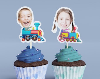 Cartoon Train Conductor Cupcake Toppers - Custom Birthday Party Cupcake Toppers, Party Decoration, Donut Cake Muffin Topper