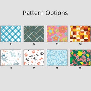 Peut inclure: Un tableau pr&eacute;sentant 10 options de motifs diff&eacute;rents pour tissus. Les motifs comprennent des carreaux, des motifs g&eacute;om&eacute;triques, floraux et r&eacute;tro. Les motifs sont num&eacute;rot&eacute;s de 9 &agrave; 16.