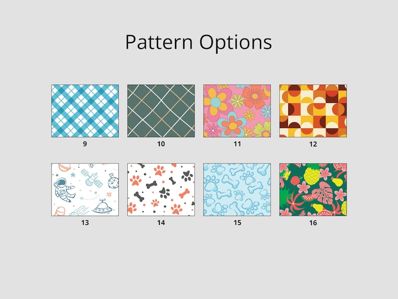 Peut inclure: Un tableau pr&eacute;sentant 10 options de motifs diff&eacute;rents pour tissus. Les motifs comprennent des carreaux, des motifs g&eacute;om&eacute;triques, floraux et r&eacute;tro. Les motifs sont num&eacute;rot&eacute;s de 9 &agrave; 16.