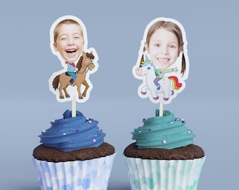 Cartoon Horse Unicorn Cupcake Toppers, Custom Birthday Party Decoration, Donut Cake Muffin Topper