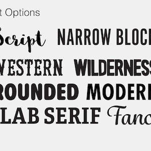 May include: A graphic showing different font options for text. The options include Script, Narrow Block, Western, Wilderness, Rounded, Modern, Slab Serif, and Fancy.