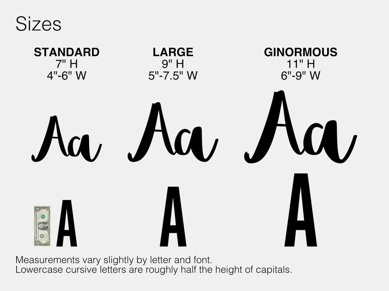 Peut inclure: Un graphique montrant trois tailles de lettres cursives, "Standard", "Large" et "Ginormous", avec des mesures en pouces. Les lettres sont en noir et le texte est en noir sur fond blanc.