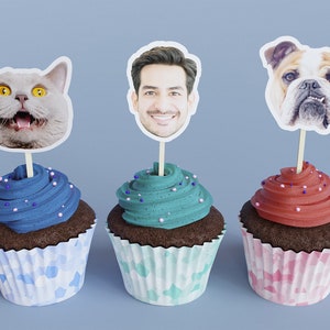 Pet Face Cupcake Toppers - Custom Cat Dog, Birthday Party Cupcake Toppers, Party Decoration, Donut Cake Muffin Topper