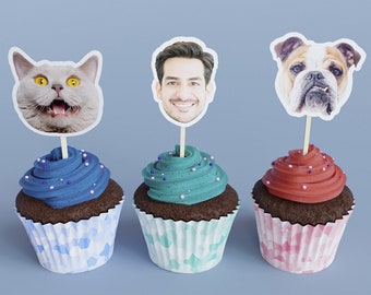 Pet Face Cupcake Toppers - Custom Cat Dog, Birthday Party Cupcake Toppers, Party Decoration, Donut Cake Muffin Topper