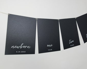 Custom Annual Birthday Photo Banner, Minimalist, Square Pictures, Milestone Ages 5, 10, 13, 16, 18, 21, Color/Chipboard Options