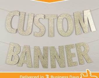 Custom Banner, Modern Style, 11" - Delivered in 3 Days - Extra large Personalized Party Decor, Customized Banner hashtag, glitter