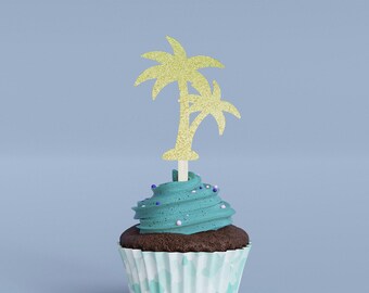 Glitter Palm Tree Cupcake Toppers - Tropical Birthday Decor