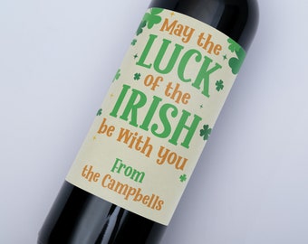 Etiqueta de vino del Día de San Patricio, Trébol de la Suerte (Texto personalizado, Resistente a la intemperie)