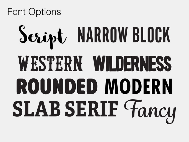 May include: A graphic showing different font options for text. The options include Script, Narrow Block, Western, Wilderness, Rounded, Modern, Slab Serif, and Fancy.