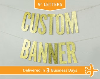 Custom Banner, Narrow Block, 9" - Delivered in 3 Days - personalized banner, party decor, glitter banner, cardstock, decoration party