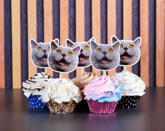 Cat Cupcake Toppers Custom Photo Personalized Face Pet Birthday Party Decor Food Safe