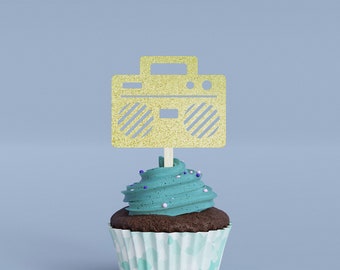 Birthday Cupcake Toppers: Glitter Boombox Shapes (With or Without Sticks)