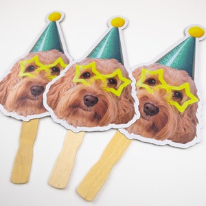 May include: Three party favor fans featuring a dog wearing a green party hat and yellow star-shaped glasses. The fans have wooden sticks.