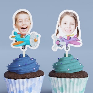 Cartoon Plane Cupcake Toppers - Custom Birthday Party Cupcake Toppers, Aviation Airplane Party Decoration