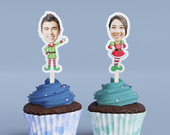Christmas Elf Cartoon Cupcake Toppers - Holiday Party Decoration