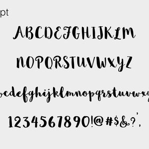 May include: A font alphabet chart with uppercase and lowercase letters, numbers, and punctuation marks in a handwritten script style.
