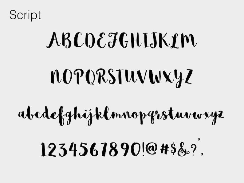 May include: A font alphabet chart with uppercase and lowercase letters, numbers, and punctuation marks in a handwritten script style.