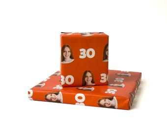 Custom Face and Number Wrapping Paper, Personalized Photo Birthday Gift Wrap with Age or Year, Bold Solid Color, Choose Background, 35" Wide