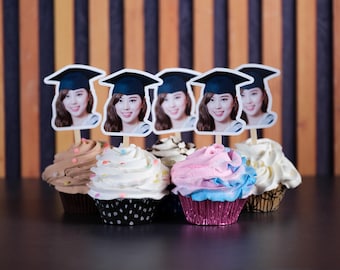 Graduation Cupcake Toppers Photo Custom Face Senior 2026 Party Decor Food Safe Assembled