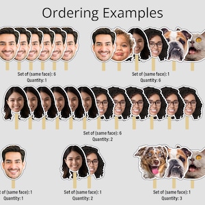 May include: Examples of different orders for custom face and animal cutouts on sticks. The examples show different quantities of the same face or animal.  "Set of (same face): 6, Quantity: 1"  "Set of (same face): 1, Quantity: 6"  "Set of (same face): 6, Quantity: 2"  "Set of (same face): 1, Quantity: 1"  "Set of (same face): 1, Quantity: 2"  "Set of (same face): 1, Quantity: 3"