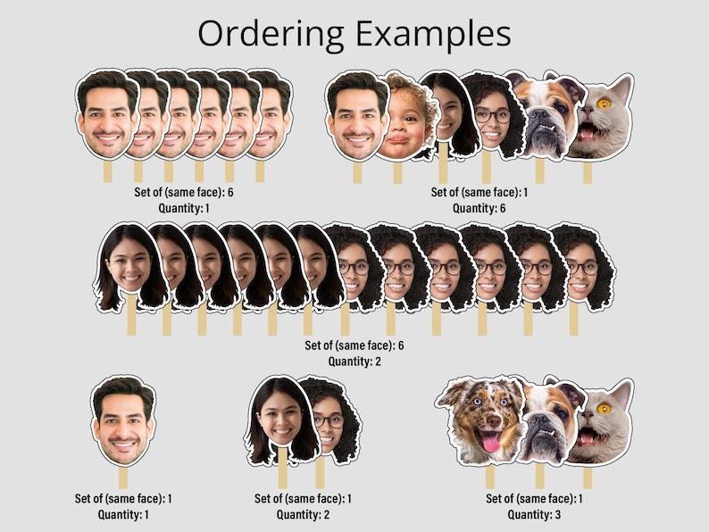 May include: Examples of different orders for custom face and animal cutouts on sticks. The examples show different quantities of the same face or animal.  "Set of (same face): 6, Quantity: 1"  "Set of (same face): 1, Quantity: 6"  "Set of (same face): 6, Quantity: 2"  "Set of (same face): 1, Quantity: 1"  "Set of (same face): 1, Quantity: 2"  "Set of (same face): 1, Quantity: 3"