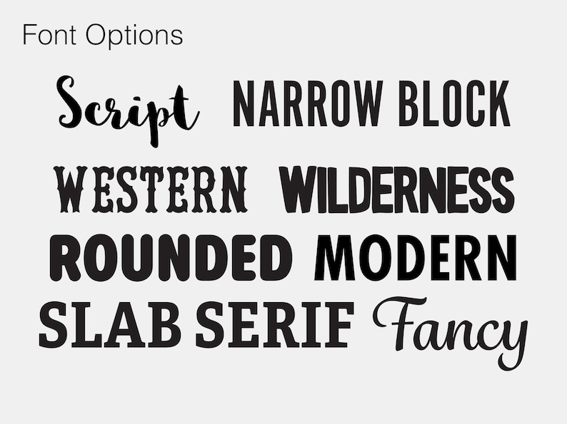 May include: A graphic showing different font options for text. The options include Script, Narrow Block, Western, Wilderness, Rounded, Modern, Slab Serif, and Fancy.