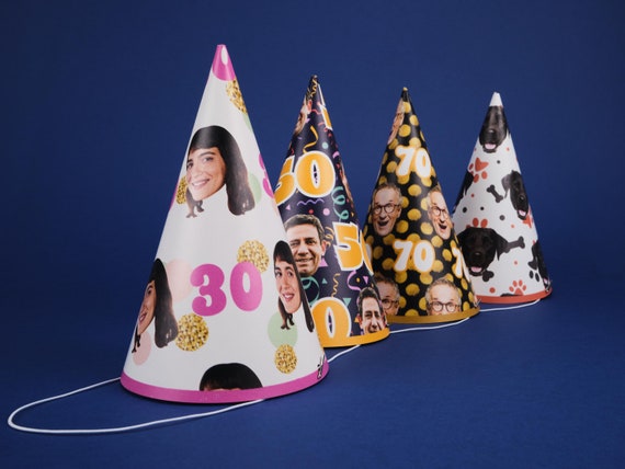 Custom Photo Birthday Hats - Personalized 1st Birthday Prop - 30th 40th 50th 60th 21st Decor - Face Party Hat - Any Age - Pre Assembled