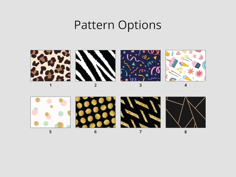 Peut inclure: Huit options de motifs diff&eacute;rents pour un produit, comme du tissu ou du papier d'emballage. Les motifs comprennent l'imprim&eacute; l&eacute;opard, les rayures de z&egrave;bre, des confettis, des pois, des paillettes et des motifs g&eacute;om&eacute;triques.