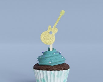 Adornos para cupcakes con purpurina de guitarra: decoraciones para fiestas musicales