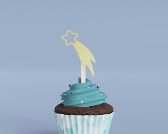 Shooting Star Cupcake Topper Glitter Card Stock - Custom Birthday Party Decoration, Outer Space Donut Cake Muffin Shape