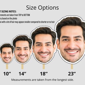 May include: Four different sizes of face cutouts, 10 inches, 14 inches, 18 inches, and 23 inches.  The measurements are taken from the longest side.  The text "Size Options" is at the top of the image.