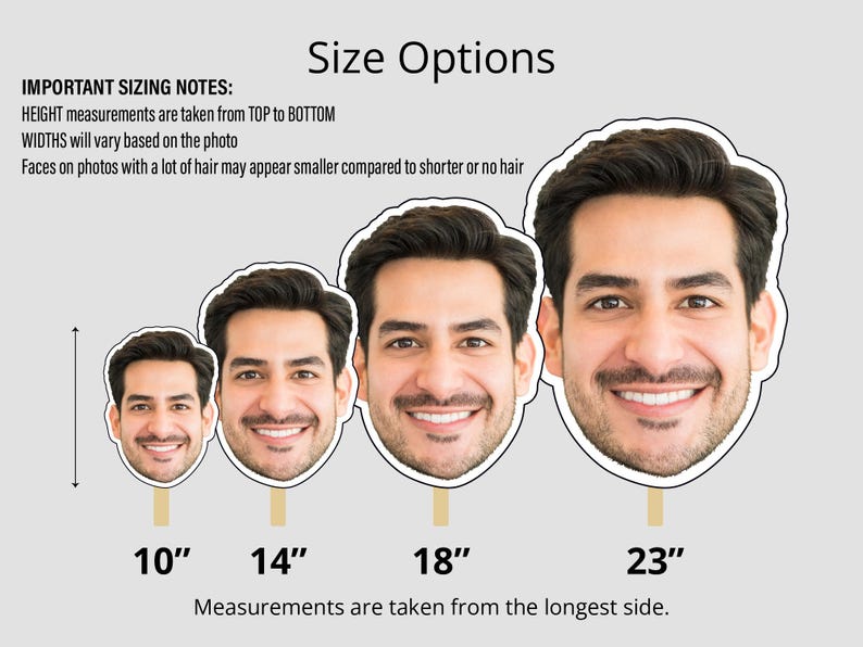 May include: Four different sizes of face cutouts, 10 inches, 14 inches, 18 inches, and 23 inches.  The measurements are taken from the longest side.  The text "Size Options" is at the top of the image.