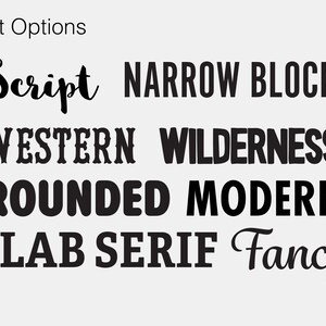 May include: A graphic showing different font options for text. The options include Script, Narrow Block, Western, Wilderness, Rounded, Modern, Slab Serif, and Fancy.