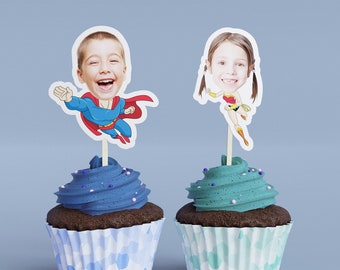 Cartoon Superhero Cupcake Toppers (Custom Face, Ready to Use)