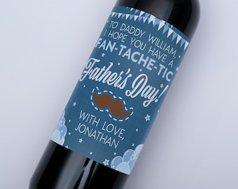 Father's Day Wine Bottle Label, Custom Message, Mustache Design, Personalized Dad Gift