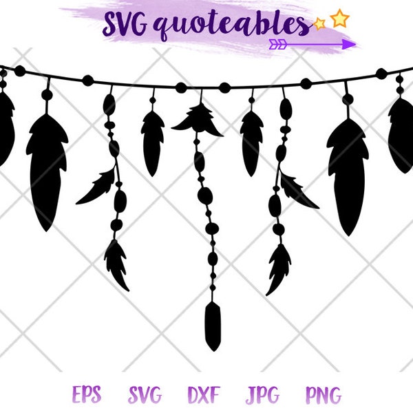 Feather Bead Garland Silhouette stencil SVG Clipart Cut File, Boho Vector, Bohemian Digital Download, Hippie Printable