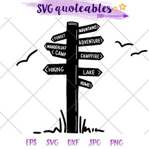 Camping signpost - hiking adventure Silhouette Stencil SVG Clipart Cut File, Outdoor Adventure Vector, Digital Download, Camping Printable