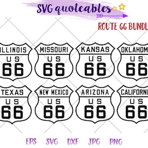 Route 66 alle 8 staten bundel silhouet SVG clipart, Californië, Illinois, New Mexico, Texas, klassieke roadtrip avontuur retro afdrukbare