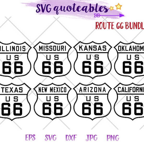 Route 66 all 8 states bundle Silhouette SVG Clipart, California, Illinois, New Mexico, Texas, Classic Roadtrip Adventure Retro Printable