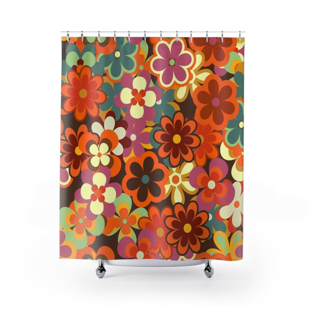 Retro Print Shower Curtain Groovy Shower Curtain, 70s Aesthetic Decor