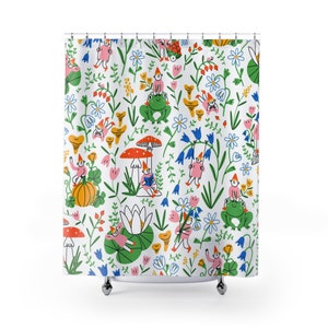 Frog Shower Curtain | Children Bathroom Shower Curtain Print | 71 x 74 | Kids Bath Design |Frog, Princess, Mushroom, Wonderland Print