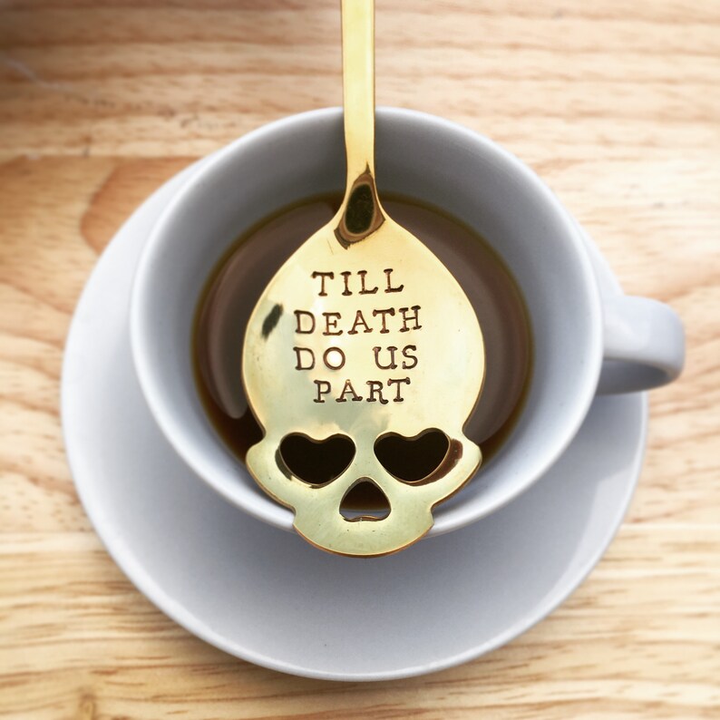 Till Death Do Us Part STAMPED ENGRAVED Skull Teapoon quotes engraving Anniversary Valentines Day Goth Gift Present for Newly Weds Tattooist image 4